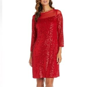 R&M Richards Elegant Red Sequin Evening Sheath Dress Sz 14 Illusion Neck